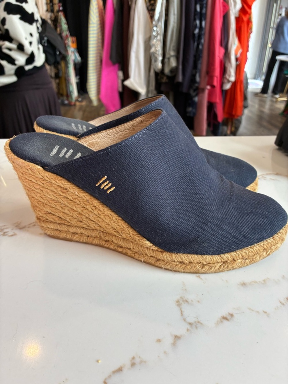 VISCATA Navy Canvas Espadrille Wedge Mules